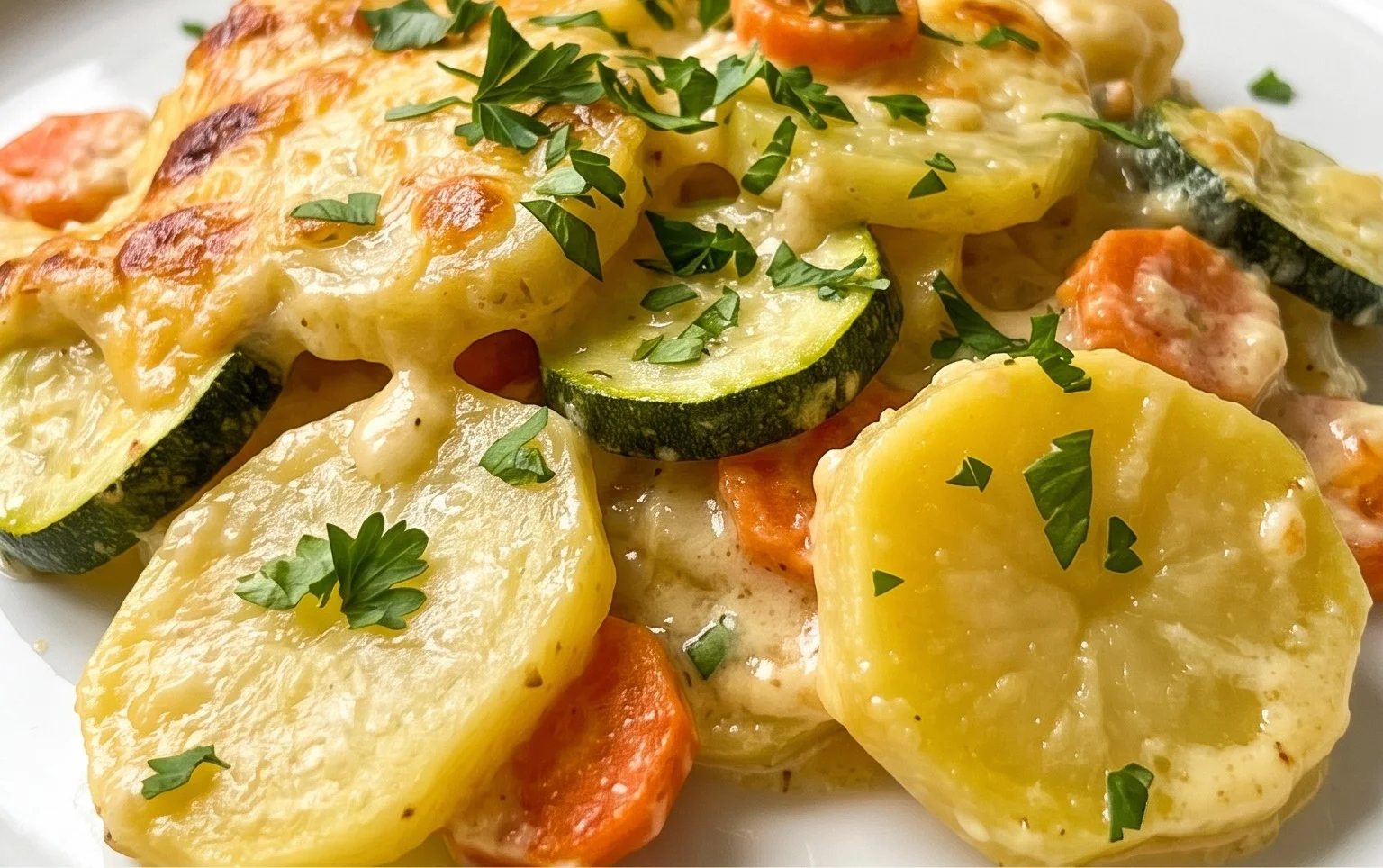 Vegetarischer Kartoffelauflauf mit Zucchini und Karotten