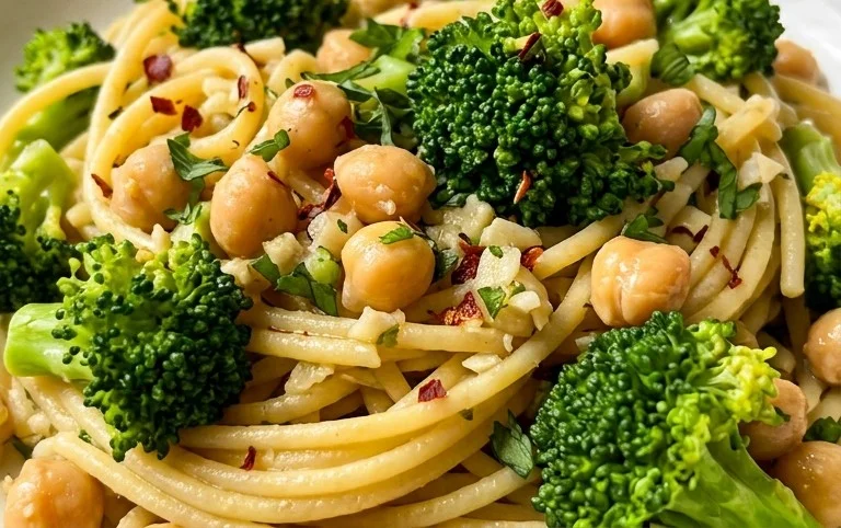 Broccoli Chickpea Pasta with Garlic Olive Oil