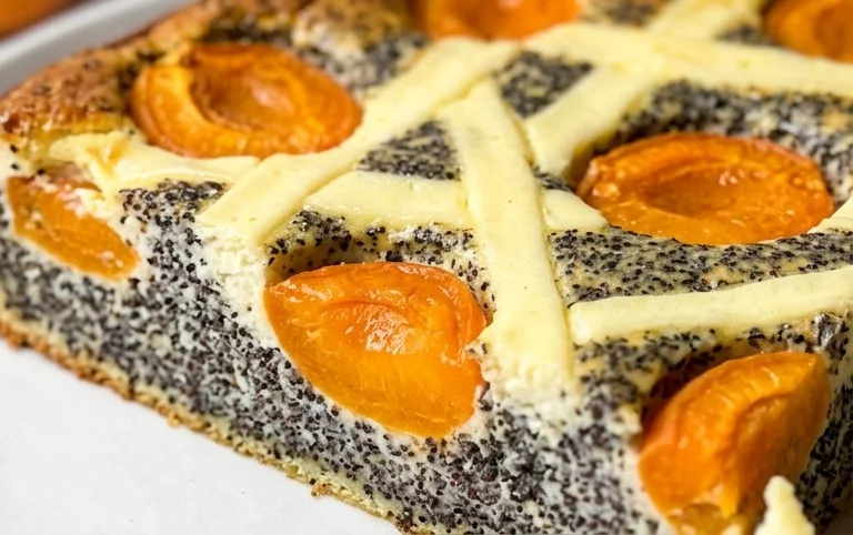 Mohn-Topfengitter-Kuchen mit Marillen